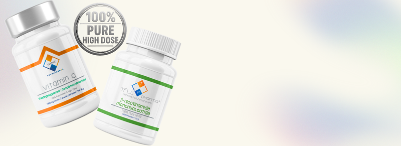 Two bottles of vitamin supplements with a label on a gradient background