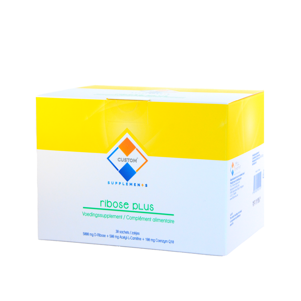 Custom Supplements® Custom Ribose Plus Sachet 5000 mg D-Ribose + 500 mg Acetyl-L-Carnitine + 100 mg Co-enzyme Q10 (30 Zakjets)